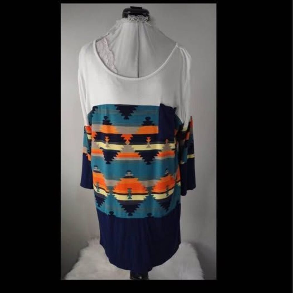 3X L.A. Ropas Tunic Long Sleeve Blouse Native American Print Multi Colors C7085
